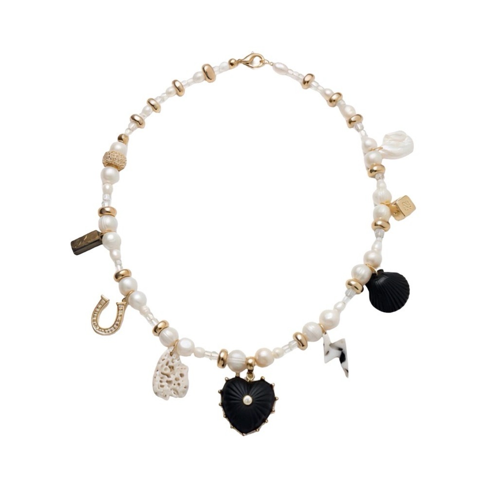 *NWT* Pearl Charm Necklace with Black Heart and Shell Accents